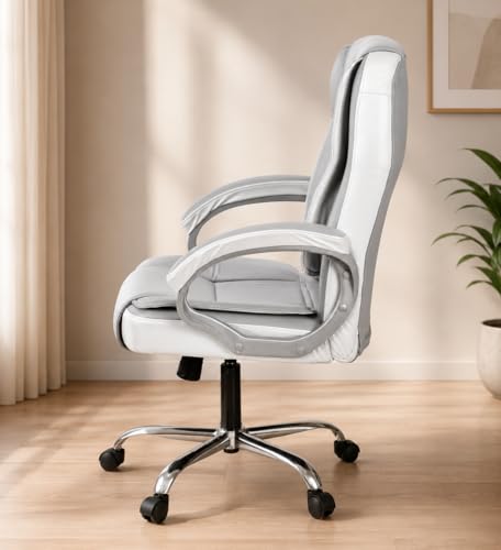 Image of GOYALSON Ergonomic Office Chair | Leatherette Seating Chair with Adjustable Height | 360 Revovling Chair | Comfortable Padded Seating /Suitable for Office /Study (White & Grey)