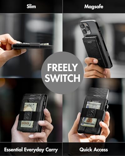 Image of iwantit 3 in 1 Magsafe Wallet Men: Bifold Wallet + Magnetic Wallet for iPhone - Detachable Cash Strap, Smart Pop Up Card Holder, ID Window, Premium Leather (Black)