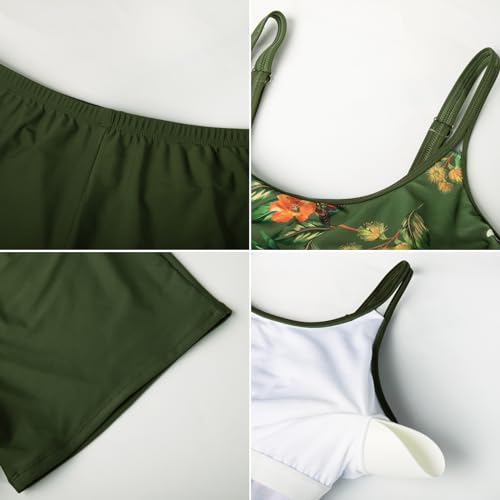 Hanna Nikole Damen Tankini Bauchweg Übergröße Zweiteilig Badeanzüge Elegant Dunkelgrüne Rote Blume 52 6