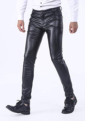 Idopy Men`s Business Slim Fit Five Pockets Faux Leather Pants Jeans (W36, Black) #TOP2
