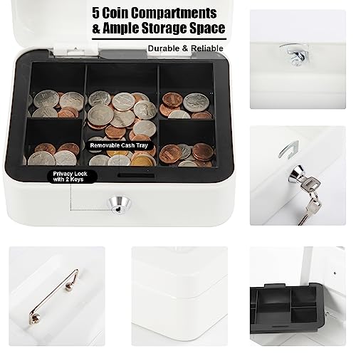 Sgorlds Medium Large Locking Cash Box with Removable Coin Tray, Portable Safe Metal Money Box with Key Lock,Petty Small Money Organizer for Cash with Double Layer & 2 Keys, 7.87"x 6.30"x 3.54", White