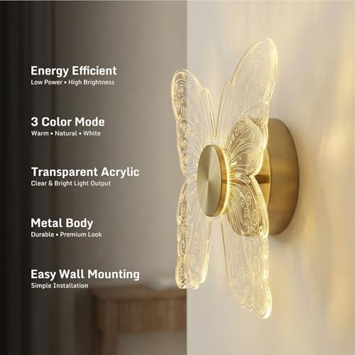 Image of Butterfly Glow Acrylic LED Wall Light | Decorative Butterfly Wall Lamp with 3 Colour Modes (Warm, Neutral & Cool White) | Premium Ambient Lighting for Home Interiors