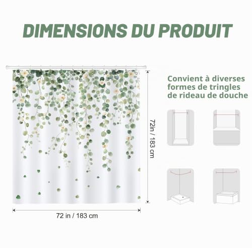 Dazzlewall Rideau de Douche Feuilles Vertes d’Eucalyptus 180x180cm, Rideaux de Douche Tissu Polyester Imperméable Anti Moisissure Lavable pour Baignoire et Bain avec 12 Crochets – vue 7