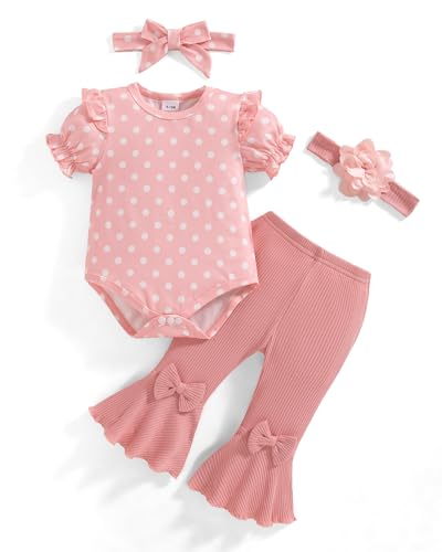 Image of Vibebox Baby Girl Clothes Newborn Preemie Summer Outfits Short Sleeve Ruffle Romper Tops Bell Bottoms Pant Sets with Headband