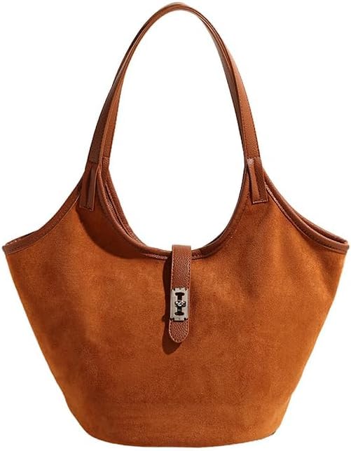 Image of Brown Suede Tote Bag for Women Trendy Hobo Bag Bucket Tote Bag Work Hobo Handbags