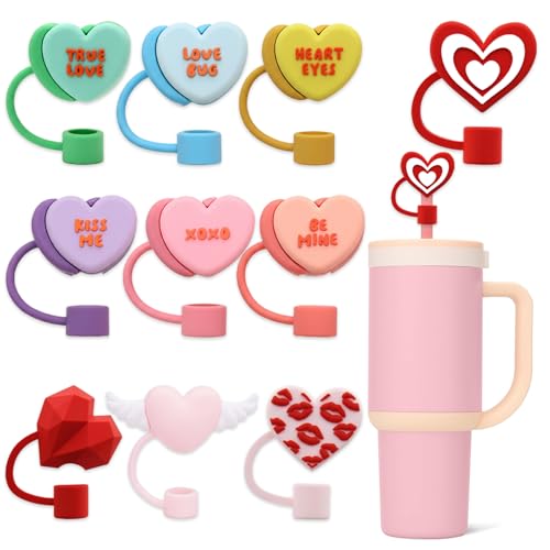 10pcs Valentine Straw Toppers Reusable Silicone Love Heart Straw Topper for Stanley Cup 10mm 0.4in, Cute Straws Lids Protectors with Bow Design, Valentines Cover Cap Party Cup Decorations Accessories