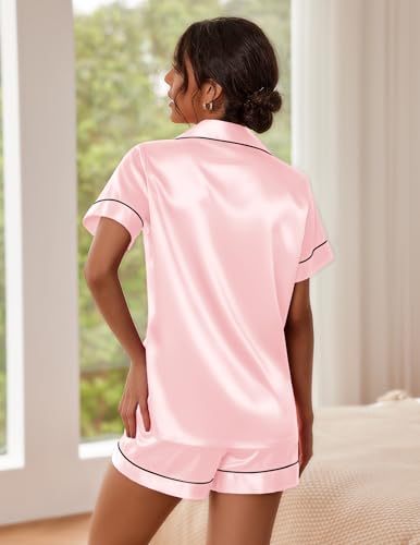 Image of Ekouaer Pajamas for Women Set Silk Satin Pjs Button Down Sleepwear Summer Loungewear Top and Shorts Lounge Set S-XXL