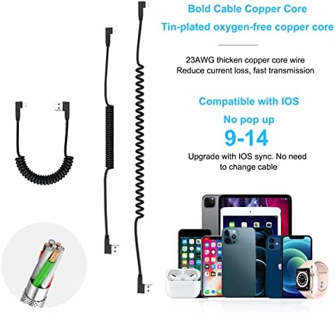 MTAKYI iPhone Spiral Charging Cable, 90 Degree Right Angle Apple Charging Cable [MFi Certified & Car Play Compatible] Data Transmission Coiled USB Cable, Suitable for iPhone 13/12/11/SE/Xs/Xr/8/7 Plus