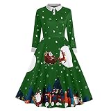 WOZOW Robe à Manches Longues Vintage Hepburn pour Femme Imprimée Revers Flocon De Neige Botton Femmes Cocktail élégante avec Nœud(Vert,S)