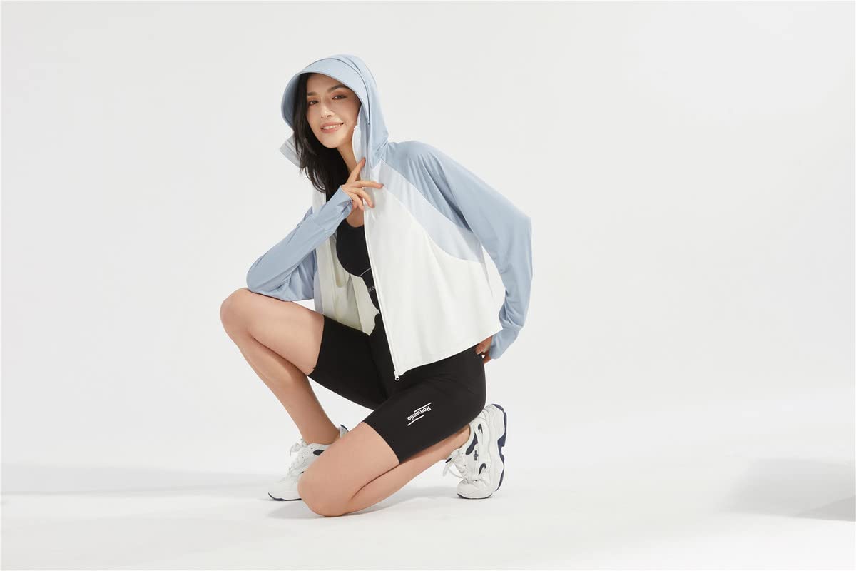 Shanghai Story Fishing Shirt UPF 50+ UV Sun Protection Long Sleeve Jacket Hoodie with Face Mask For Women White/Grey L