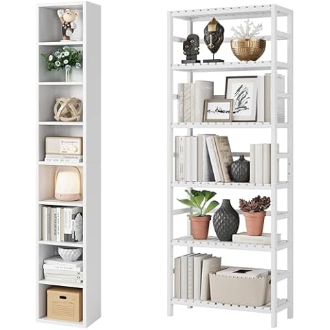 Bamjoy 8-Tier Bookcase, 71 Inches Tall Narrow Bookshelf, Slim CD DVD Media Tower Rack with Adjustable Shelves White Nightstand with 3 Drawers, Beside Table with Drawers for Bedroom Cover