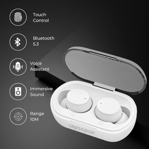 Image of Crossloop Bliss Podz True Wireless Earbuds with Mic, Touch Control, Range 10M, Bluetooth 5.3, Play Time 12 - 60 hrs, Voice Assistant, Auto Pairing, IPX3, Long Standby Time, Type C Charging. (White)