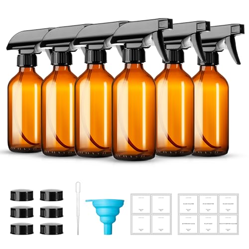 Vitreaux 6 Pack 8oz Amber Glass Spray Bottles Glass Spray Bottles Refillable Empty Containers with Adjustable Nozzle Spray Bottle for Essential Oils Cleaning Solutions Hair Mister Pets