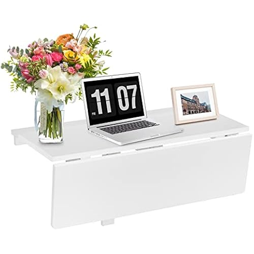 COSTWAY Wall Mounted Folding Table, 31.5" x 23.5" Drop-Leaf Floating Writing Desk for Small Spaces, Space-Saving Fold Down Laptop Workstation for Kitchen, Bedroom, Laundry Room, Study Room (White)