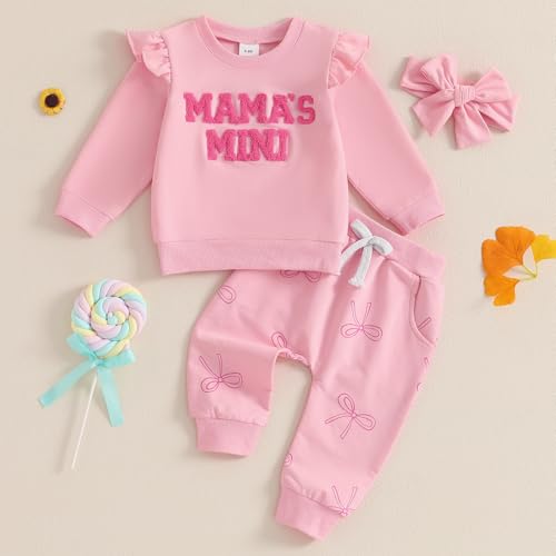 Toddler Baby Girl Outfits Letter Print Flying Sleeve Sweatshirt with Heart Pattern Pants Headband2