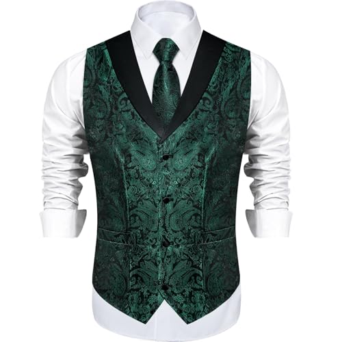 Image of DiBanGu Mens Paisley Suit Vest Silk Jacquard Waistcoat and Necktie Set Formal Shawl Collar Dress Vest 7PCS for Wedding Party