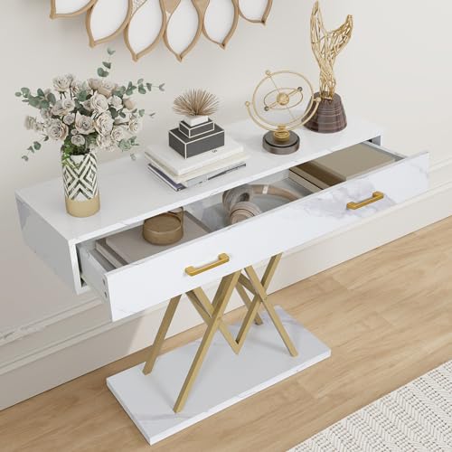 ARTETHYS Console Table with Drawer White and Gold Modern Entryway Desk with Storage 39’’ Entry Hallway Stand with Faux Marble Veneer Tabletop with Geometric Gold Base - Thumbnail 4