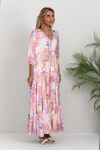 Image of Women Short Sleeve V Neck Floral Print Casual Bohemian Maxi Dresses