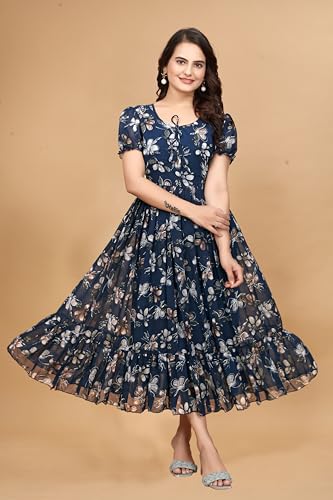 Image of Women's Georgette Dresses Floral Printed One Piece Stylish Long Maxi Western Frock Midi Dress for Women (Puffed Sleeves) Blue