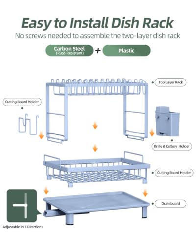 Image of Dish Drying Rack 2-Tier Dish Racks with Drainboard, Rustproof, Space-Saving Dish Rack, Utensil & Cup Holder for Kitchen Counter, Blue