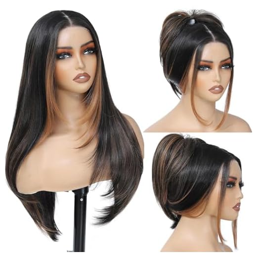 Synthetic Lace Front Wig For Black Women 13X4X1 HD Long Black Lace Front Wigs Glueless Wigs For Black Women Straight Layered Skunk Stripe Honey Blonde With Black Wig 26 inch Sensationnel Wigs