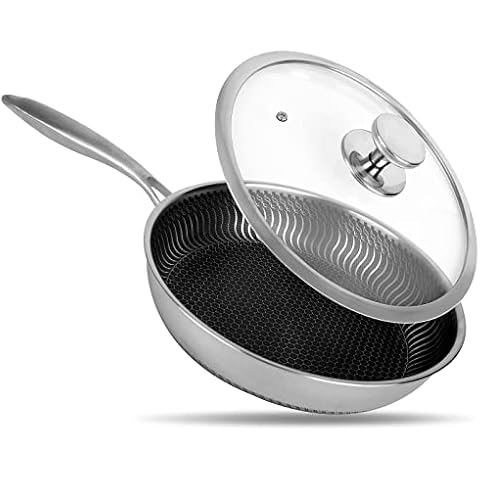 Vegoran 11 inch Nonstick Frying Pan with Lid, 304 Stainless Steel Honeycomb Skillet with Handle, Oven Safe, Scratch Resistant, Easy Clean Cover