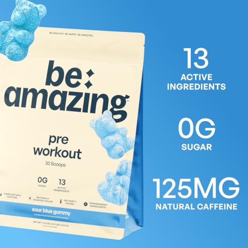 Image of BE AMAZING Pre Workout Powder, Vegan Supplement with 125mg Natural Caffeine, Ashwagandha and Adaptogens, Sugar Free Drink Mix for Men and Women, Gluten Free, Non GMO, Sour Blue Gummy, 30 Servings