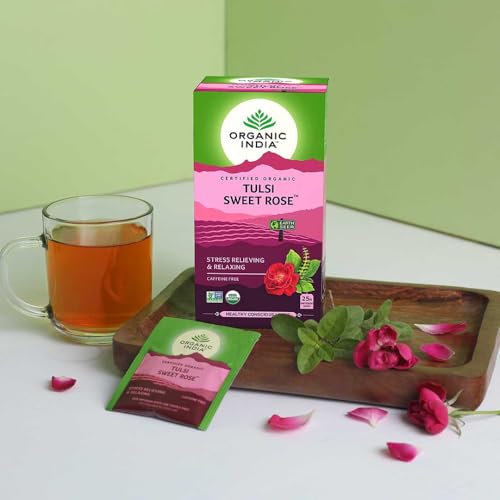Image of A TATA Product - Organic India Tulsi Sweet Rose - 25 Tea Bags, Stress Relieving, Supports Radiant Skin, Rich in Antioxidants, Made with Tulsi, Chamomile, and Rose Certified Organic (Pack of 2)