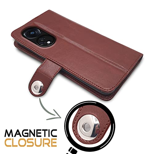Image of Pikkme Oppo Reno 8T 5G Flip Cover Leather Finish | Inside TPU with Card Pockets | Wallet Stand and Shock Proof | Complete Protection Button Flip Case (Brown)