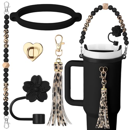 Vercraft 5 Pcs Silicone Cup Accessories Set Compatible with Stanley Cup Including Silicone Beaded Bottle Strap Leather Tassel Charm Straw Cover Rubber Ring for 8 to 40 oz Tumbler(Black,Leopard)