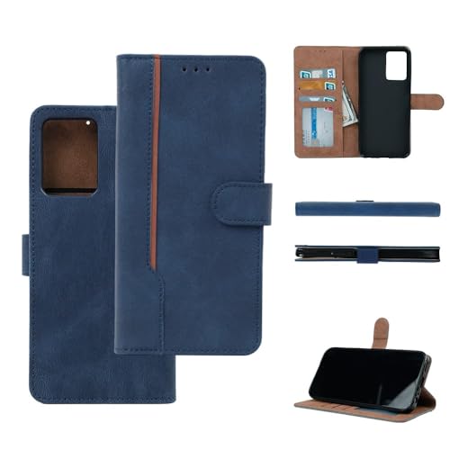 Image of amazon basics Moto Edge 70 5G Flip Cover | Card Pockets Wallet & Stand | Flip Cover for Moto Edge 70 5G (Blue with Beige Strip)