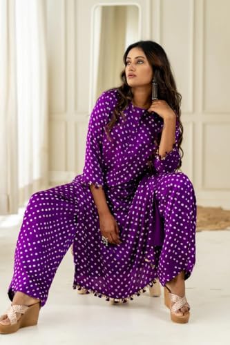 Image of LookMark Women Cotton Blend Bandhej Printed Bandhani Kurta Palazzo Set With Sequence Lace