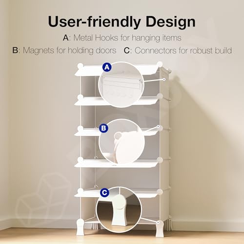 Image of BOXJOY 5 Shelf Plastic Almirah Wardrobe Racks with 5 Doors, Magnets & 5 Hook Steel Holder Clothes Storage Collapsible Foldable Multipurpose Cupboard Organizer for Baby Kids Cloth Bedroom Toys (White)