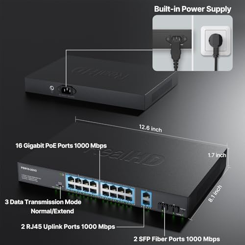Image of 16 Port Full Gigabit PoE Switch with 2 *Gigabit SFP Ports & RJ45 Ports, Unmanaged Plug and Play, High Power Total Budget 300W, 802.3af /at Compliant, Fanless & Slience, Metal Housing, Rack Mount