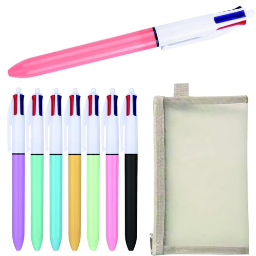 JISRKP 7-Pack Pens Multicolour, 4 Colour Pens All In One, Multi Functional Easy Carry Retractable Ballpoint Pens with Black, Blue, Red, and Green Ink for Office and School Supplies, with pouch
