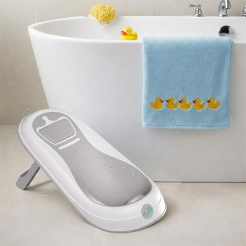 Image of MOM CARE Foldable Baby Bath Support Seat for Newborn (0-6 Months) | Anti-Slip Silicone Baby Bather | Ergonomic Infant Bath Seat for Sink, Tub & Floor | Portable Newborn Bath Support Chair | Grey
