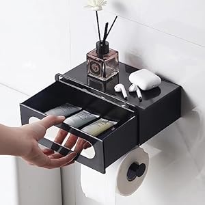 Toiletpapierhouder, GUIGUZI 3 in 1 Zwart Toiletrolhouder met vochtige doekjesbox Zonder Boren, Zelfklevende Toiletrolhouder wandmontage papierhouder voor keuken en badkamer