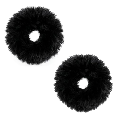 DIPZO 2 Pezzi Elastici Morbidi in Peluche, Fermacoda in Pelliccia Sintetica, Fasce Elastiche per Capelli per Ragazze e Donne, Accessori per Capelli Neri