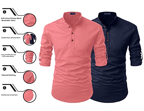 Image of Zombom Combo Men's Cotton Polyester Blend Solid Straight Full Sleeve Regular Fit Mandarin /Chinese Collor Kurta Shirt