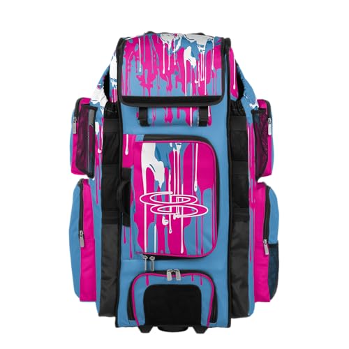 Boombah Superpack XL Rolling Bat Bag - Telescopic Handle - Holds 8 Bats - Wheeled Version - Graffiti Drip Columbia/Fluorescent Pink/White
