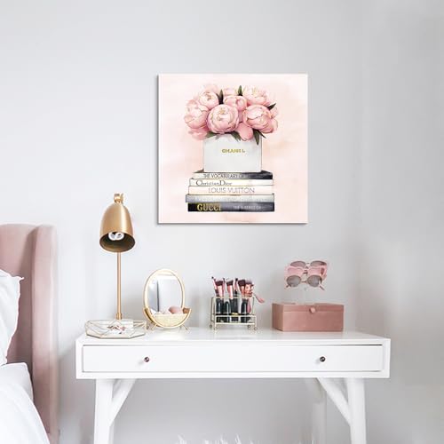 Image of cozy country Chanel-Inspired Canvas Wall Art - 20x20 Inches Luxury Fashion Artwork Print, Featuring Perfume, Books & Flowers, Perfect for Bathroom & Lady's Room Decor
