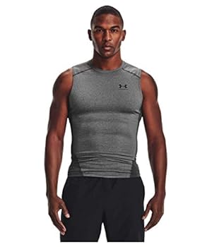 Under Armour mens Armour Heatgear Compression Sleeveless T-shirt , Carbon Heather (090)/Black , Large