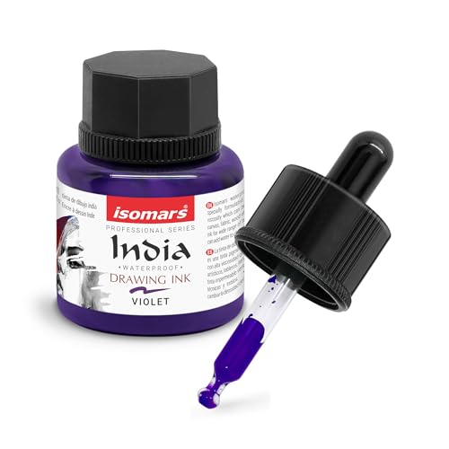 Image of Isomars Waterproof Drawing Ink with Dropper - 35ml | India Ink for Calligraphy, Art, Technical Drawing | Fade-Resistant & Quick-Drying (Violet)