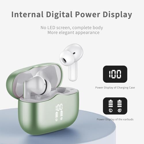 Image of Wireless Earbuds, Bluetooth 5.4 Headphones in Ear with 4 ENC Noise Cancelling Mic, New Wireless Earphones HiFi Stereo Deep Bass 40H Playtime, In-Ear Bluetooth Earbuds LED Display IP7, USB-C, Green
