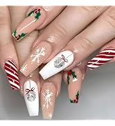 EIOAUY Christmas Press on Nails Long Coffin Fake Nails Winter Snowflake Glue on Nails with Silver...