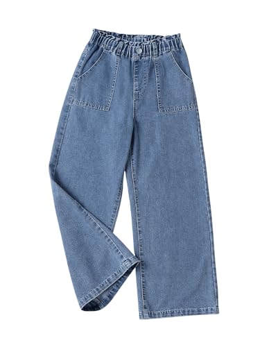 OYOANGLE Girl's Wide Leg Denim Jeans Elastic Waist Button Front Baggy Pants with Pockets