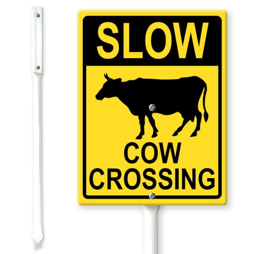 Horienteeon Slow Down Cow Crossing Yard Sign with Stakes 20×30cm, Sturdy Aluminum Yard Signs Easy Mounting, Wildlife Crossing Safety Signs, Warning Traffic Animal Caution Sign for Street