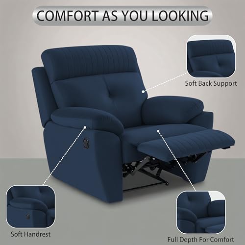Image of Adorn India Premium Majestic 1 Seater Recliner Manual Sofa Chair | Blue Suede Velvet Fabric | Soft Padded Back Rest & Handrest | Living Room Recliner Chair | 3 Years Warranty