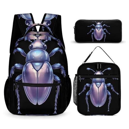 Silver Beetle Backpack Shoulder Bags Lunch Bag Pencil Case Box 3 Set Daypack Cute