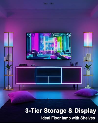 Image of Lightdot 61 inch RGB Floor Lamp with Shelves, 3-Tier Storage Smart Remote Control Standing Lamp with Fabric Shade, Bulb Included, Dimmable Floor Lamps for Living Room /Sofa Beside /Corner Decor (Black)